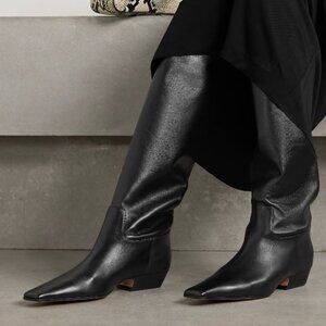 Khaite Marfa Leather Over the Knee Black Boots Kitten Heel Square Toe 39